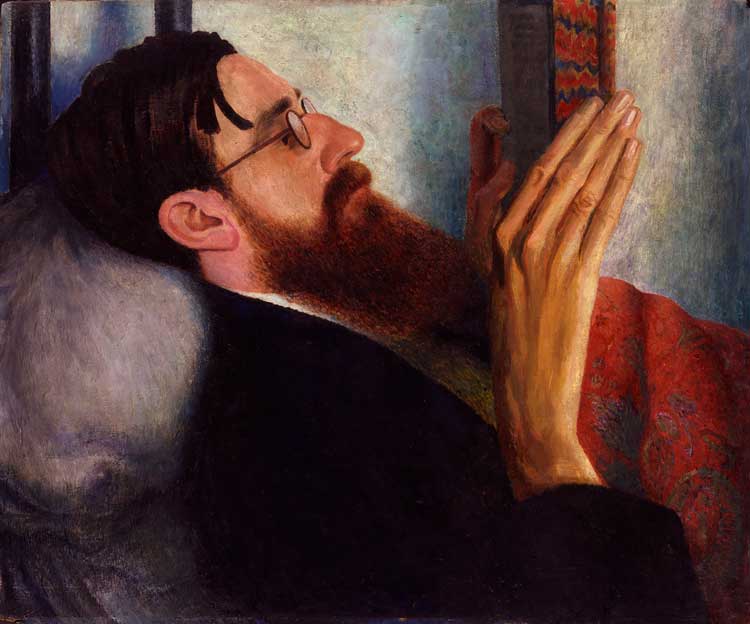 Dora Carrington, Lytton Strachey Reading, 1916. Oil on panel. © National Portrait Gallery, London. Bequeathed by Frances Catherine Partridge (née Marshall), 2004. © National Portrait Gallery, London.