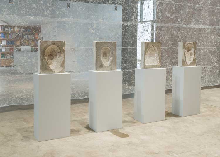Tania Pérez Córdova, All Our Explanations (Todas nuestras explicaciones), 2022. Concrete, melting ice, carbon steel, various materials, dimensions variable. Installation view, Tania Pérez Córdova: Generalization, SculptureCenter, New York, 2023. Commissioned by Museo Tamayo, Mexico City. Courtesy the artist. Photo: Charles Benton.