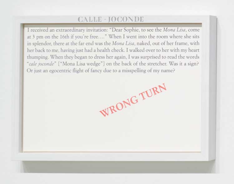 Sophie Calle, Calle-Joconde – Wrong Turn, 2023 from Catalogue raisonné of the unfinished, 2023 (detail). Installation view of Sophie Calle: Something Missing?, 2026. Courtesy Turner Contemporary. Photo: Jo Underhill © Turner Contemporary.