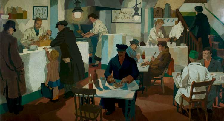 Cliff Rowe, The Fried Fish Shop, 1936. © Cliff Rowe Estate. Reproduced courtesy of Leicester Museums and Galleries.