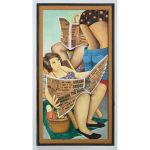 Beryl Cook, Reading Sunday Papers, 1972. Oil and newsprint on board. Courtesy of www.ourberylcook.com © John Cook 2025.