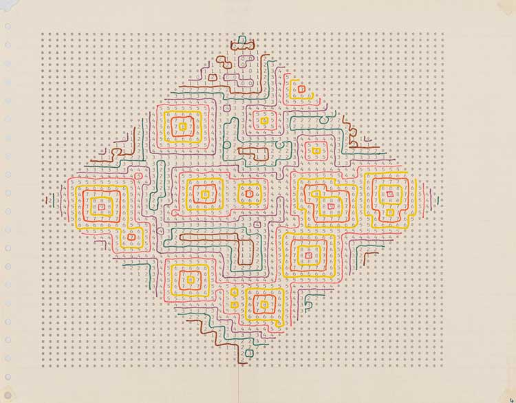 Harold Cohen, Untitled (i23-3451), 1969. DITRAN output and coloured felt tip on paper, 28 x 35.6 cm. Image courtesy Gazelli Art House.
