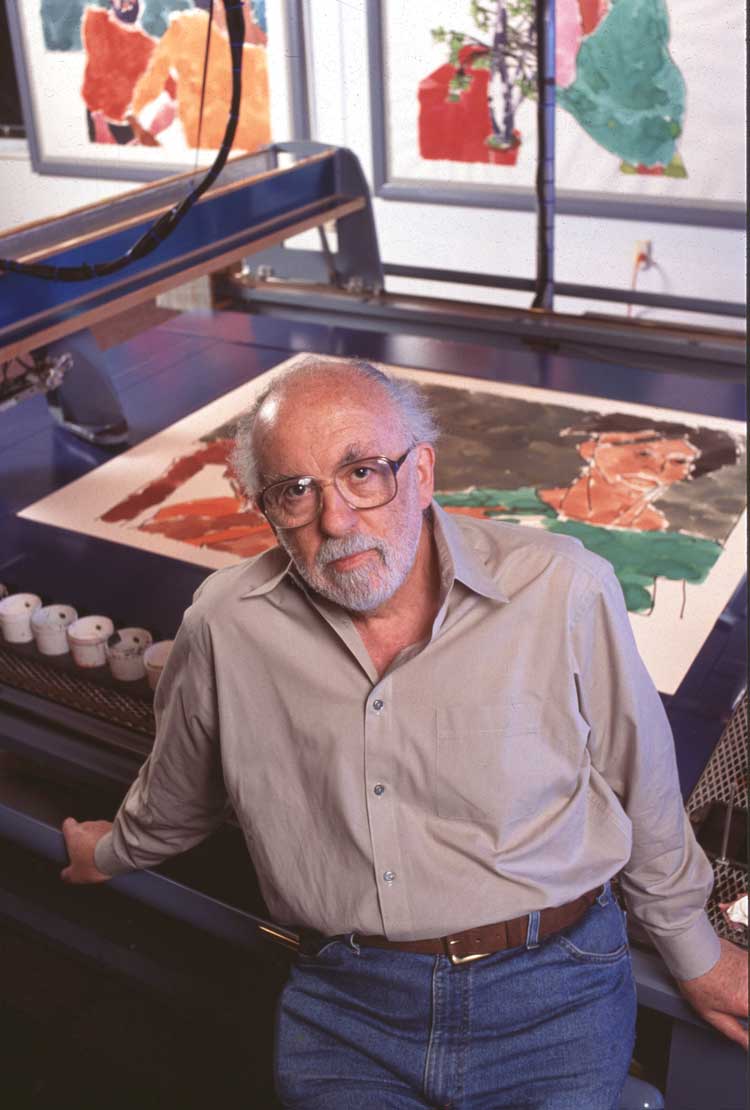 Harold Cohen with Painting Machine at Boston Computer Museum, 1995. Photographer Hank Morgan, image courtesy Gazelli Art House.