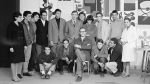 Farid Belkahia, Mohammed Chabâa and Mohamed Melehi surrounded by the students and their guest Augusto Bonalumi at the Casablanca Art School, 1966. Photo M. Melehi. © M. Melehi archives/estate.