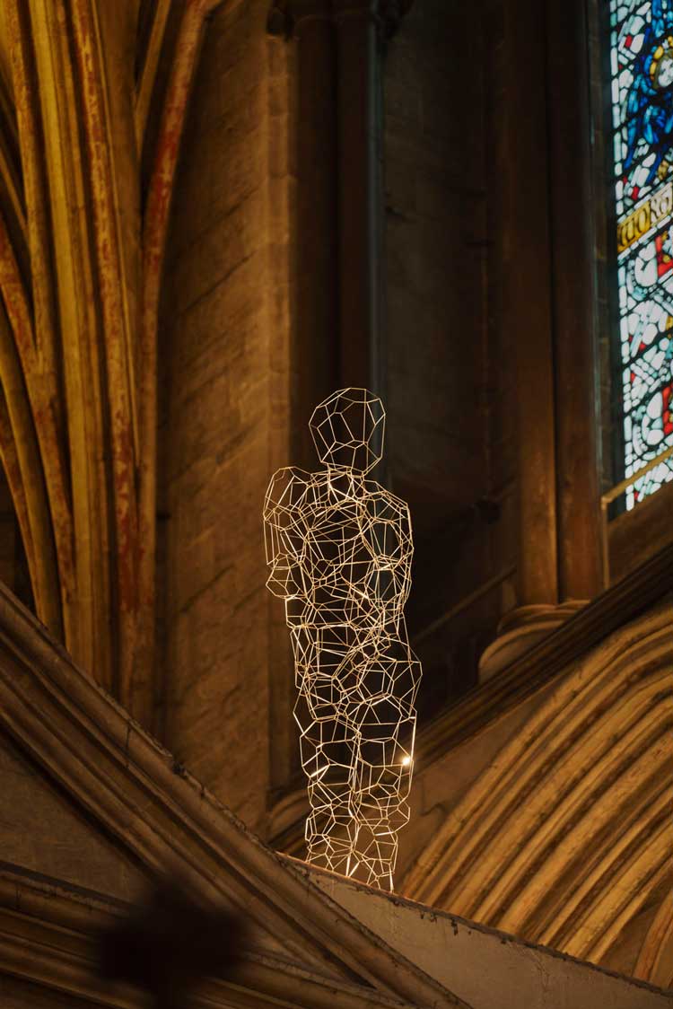 Antony Gormley. Grip (net), 2019. 0.15 square section stainless steel bar. 193 x 48.5 x 38 cm. Courtesy of the artist. Photo: Ash Mills.