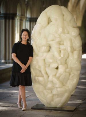 Jacquiline Creswell portrait. Photo: Ash Mills. Sculpture: Sail, 2016 by Tony Cragg, White Onyx 220 x 114 x 34 cm. Courtsey of the artist and Lisson Gallery.