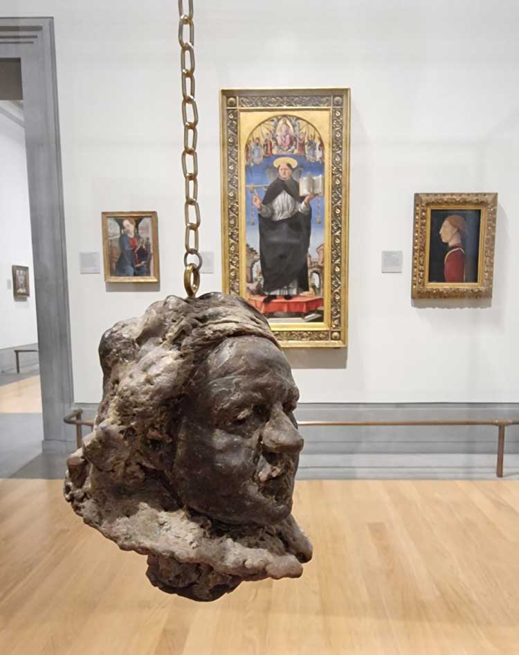 Ali Cherri. Self Portrait at the Age of 63, after Rembrandt, 2022. Wax and metal frame. Wax head created by artist, Andrew Lacey. Commissioned by the National Gallery, London, as part of the 2021 National Gallery Artist in Residence programme. Photo: Juliet Rix.