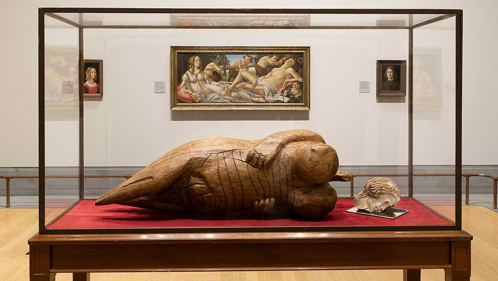 Ali Cherri. The Toilet of Venus, (The Rokeby Venus), after Velázquez, 2022. 19th-century marble head, wood, glass eye and velvet. Commissioned by the National Gallery, London, as part of the 2021 National Gallery Artist in Residence programme. Photo: The National Gallery, London.