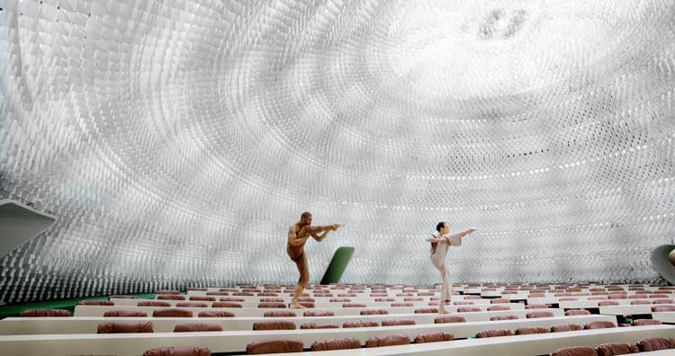 Jasmina Cibic: The Gift, 2021. Three-channel 4K video, film still (the Oscar Niemeyer French Communist party headquarters, Paris) © Oscar Niemeyer / DACS, London 2021, courtesy of the artist