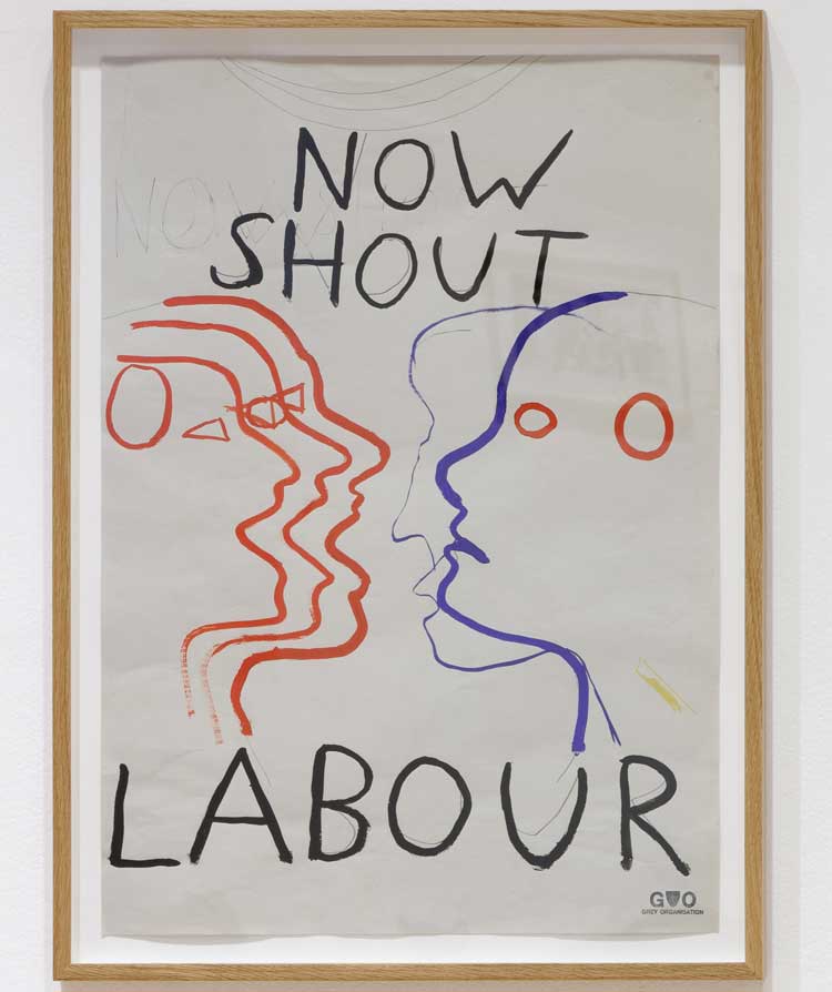 Grey Organisation. Now Shout Labour, Labour Party Jobs & Industry Campaign T-shirt design, artwork Lynne Franks, 1985.