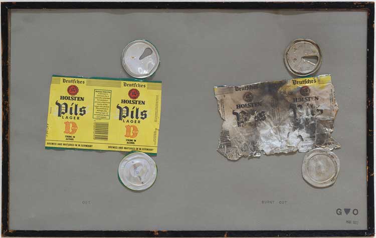 Grey Organisation. OUT, BURN-OUT, exhibited at Seven Days exhibition, Princelet Street Synagogue, Holsten Pils larger cans on greyboard, London, 1986.
