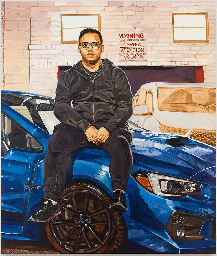 Jordan Casteel. Andres, 2021. Oil on canvas, 238.7 × 203.2 × 3.8 cm (94 × 80 × 1.5 in). Photo: Todd-White Art, Courtesy Massimo de Carlo Gallery.