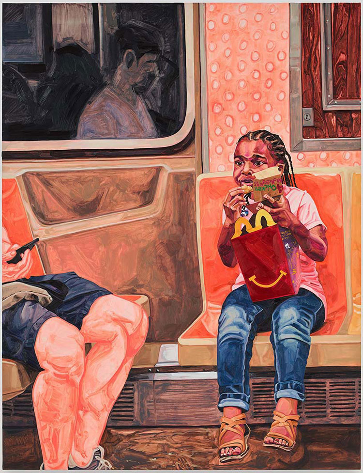 Jordan Casteel. Happy Meal, 2021. Oil on canvas, 198 × 152.4 × 3.8 cm (78 × 60 × 1.5 in). Photo: Todd-White Art, Courtesy Massimo de Carlo Gallery.