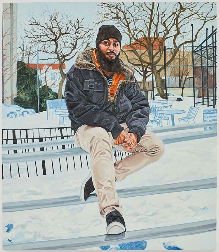 Jordan Casteel. Wayde, 2021. Oil on canvas, 228.6 × 198.1 × 3.8 cm (90 × 78 × 1.5 in). Photo: Todd-White Art, Courtesy Massimo de Carlo Gallery.