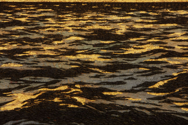 Yoan Capote, Requiem (Augurio), 2021 (detail). 24 kt gold leaf, oil, nails and fishhooks on linen panel on plywood, 140 x 200 x 11 cm. © Yoan Capote. Image courtesy Ben Brown Fine Arts.