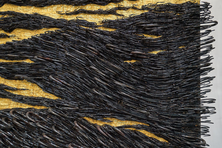 Yoan Capote, Requiem (Plegaria), 2019-21 (fish-hook detail). 24 kt gold leaf, oil, nails and fishhooks on linen panel on plywood, 280 x 909 x 15 cm. © Yoan Capote. Image courtesy Ben Brown Fine Arts.