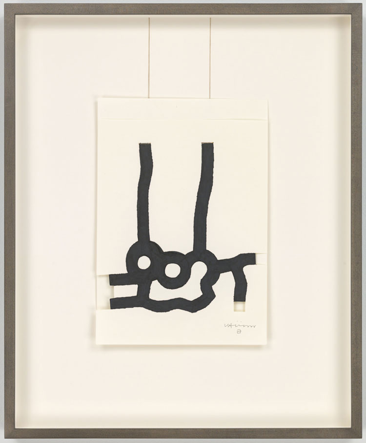 Eduardo Chillida, Gravitación (Gravitation), 1997. Cut paper, ink, string, 28.6 x 20.1 cm (11 1/4 x 7 7/8 in). Photo: Genevieve Hanson. © Zabalaga Leku. San Sebastián, VEGAP (2021). Courtesy of the Estate of Eduardo Chillida and Hauser & Wirth.