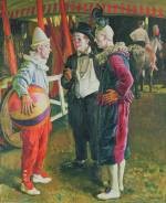 Laura Knight (1877–1970). The Three Clowns, 1930. Oil on canvas. Leicester Museum & Art Gallery, Leicester, UK / Photo © Leicester Museums & Galleries / Bridgeman Images. © Reproduced with permission of The Estate of Dame Laura Knight DBE RA 2021. All Rights Reserved / Bridgeman Images.