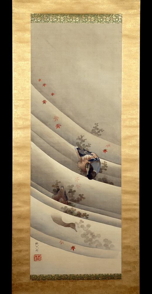 Katsushika Hokusai (葛飾北斎). Painting, hanging scroll, 1847. Two mallards paddling in a flowing stream: one diving amongst water-weeds; maple leaves on water surface. Ink and colour on silk. Signed and sealed. With paulownia storage box. Katsushika Hokusai, 1829. © The Trustees of the British Museum.