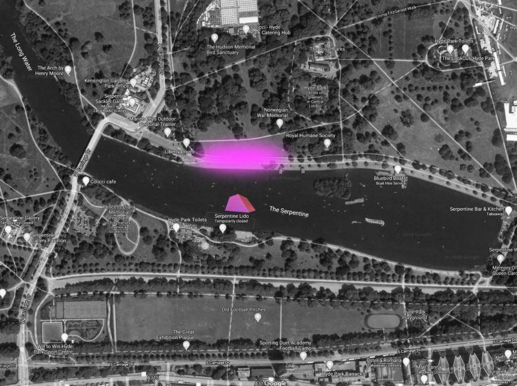 The viewing point at the Serpentine Lake in Hyde Park to experience the Mastaba on your smartphone.