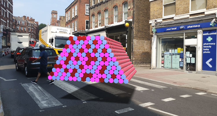 AR Mastaba in Acute Art app, road crossing, London, 2020. Image: Juliet Rix.