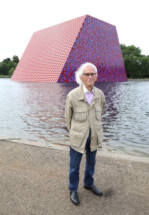 Christo in front of the London Mastaba, Hyde Park, London, 2018. Photo: Tim Whitby, Getty.