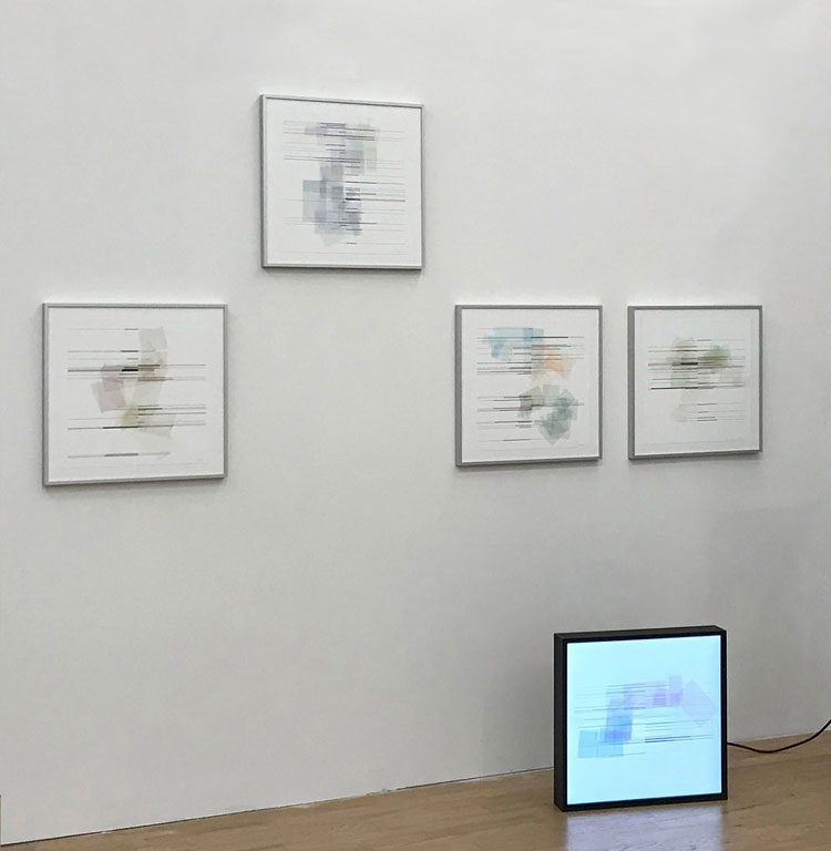 Manfred Mohr. Algorithmic Modulations, installation view of exhibition at Bitforms, NY, 2019.