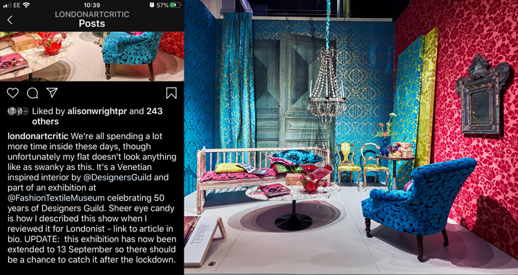 Tabish Khan (@LondonArtCritic), Instagram post, 2020. Image: Fifty Years of Designers Guild, Fashion and Textile Museum, installation view.