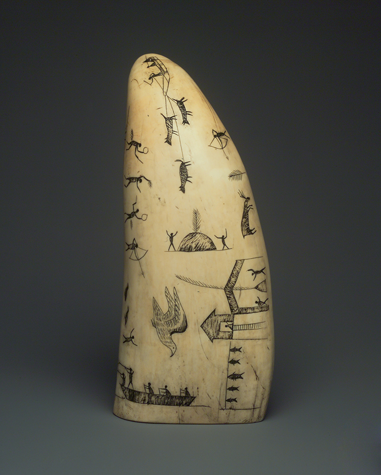 Alaska Native artist. Engraved Whale Tooth, late 19th century. Sperm whale tooth, black ash or graphite, oil, 6 1/2 × 3 × 2 in (16.5 × 7.6 × 5.1 cm). Brooklyn Museum; Gift of Robert B. Woodward, 20.895. Creative Commons-BY. Photo: Brooklyn Museum.