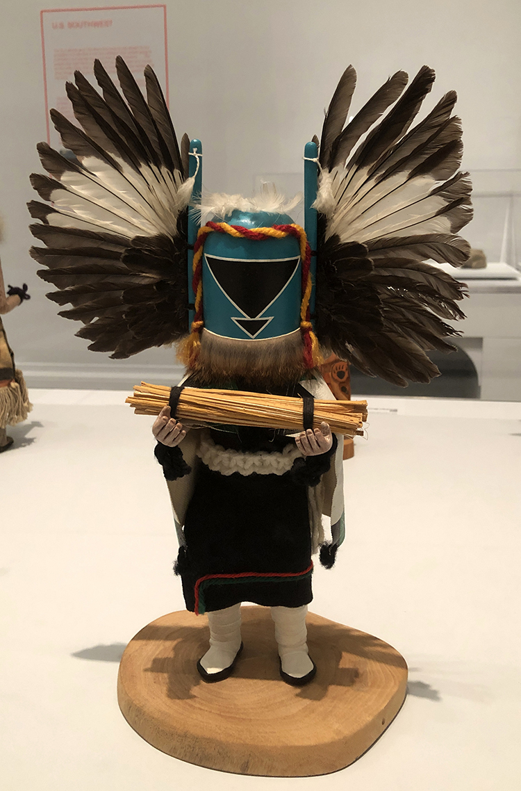 Seona. Kachina Doll, 1960-70. Cottonwood root, acrylic paint, feathers, fur, hide, synthetic cloth and yarn, painted canvas. Possibly Third Mesa, Hopi Pueblo, Arizona, United States. Photo: Antonio Rivera.