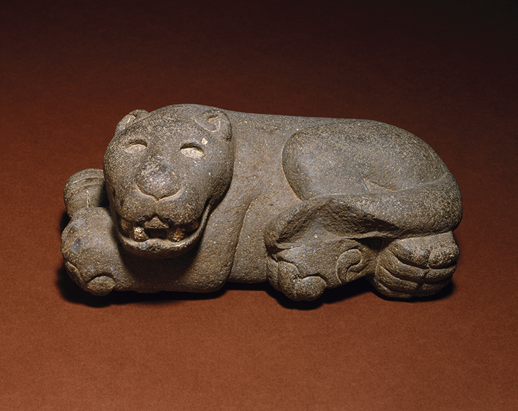 Aztec artist. Reclining Jaguar, 1400–1521. Volcanic stone, 5 × 11 × 5 3/4 in (12.7 × 27.9 × 14.6 cm). Brooklyn Museum; Carll H. de Silver Fund, 38.45. Creative Commons-BY. Photo: Brooklyn Museum.