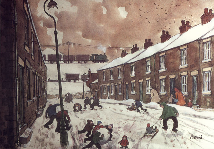 Norman Cornish. Bishops Close Street, Spennymoor, undated. Ink and watercolour on paper, 22 x 28 cm. © Courtesy of Norman Cornish Estate.