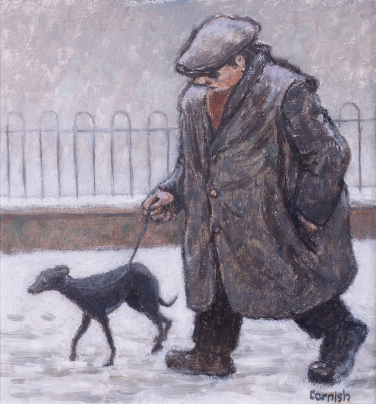 Norman Cornish. Man with Dog in Snow, undated. Oil on board, 21 x 19.5 cm. © Courtesy of Norman Cornish Estate.