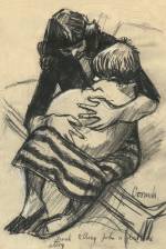 Norman Cornish. Sarah Telling John a Bedtime Story, undated. Charcoal on Paper, 23 x 16 cm. © Courtesy of Norman Cornish Estate.