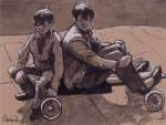 Norman Cornish. Two Boys on a Boneshaker, undated. Mixed media, 21 x 27 cm. © Courtesy of Norman Cornish Estate.