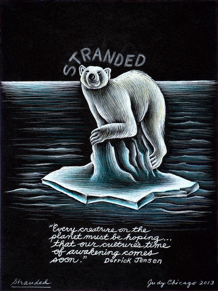 Judy Chicago, Study for Stranded from The End: A Meditation on Death and Extinction, 2013. Prismacolor on black Arches. 12 x 9 in (30.48 x 22.86 cm). © Judy Chicago/Artists Rights Society (ARS), New York. Photo © Donald Woodman/ARS, New York. Courtesy of the artist; Salon 94, New York; and Jessica Silverman Gallery, San Francisco.