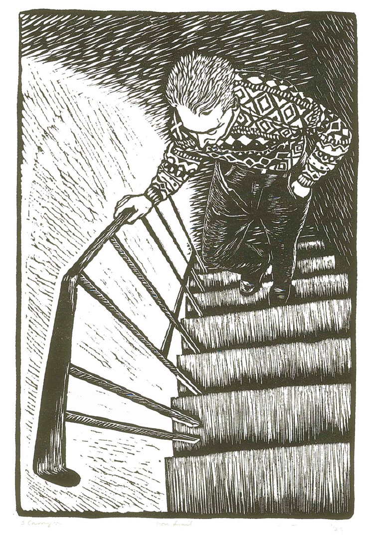 Berenice Carrington. Handrail, 2014. Lino print on paper, 30 x 20 cm. Photo and copyright the artist.