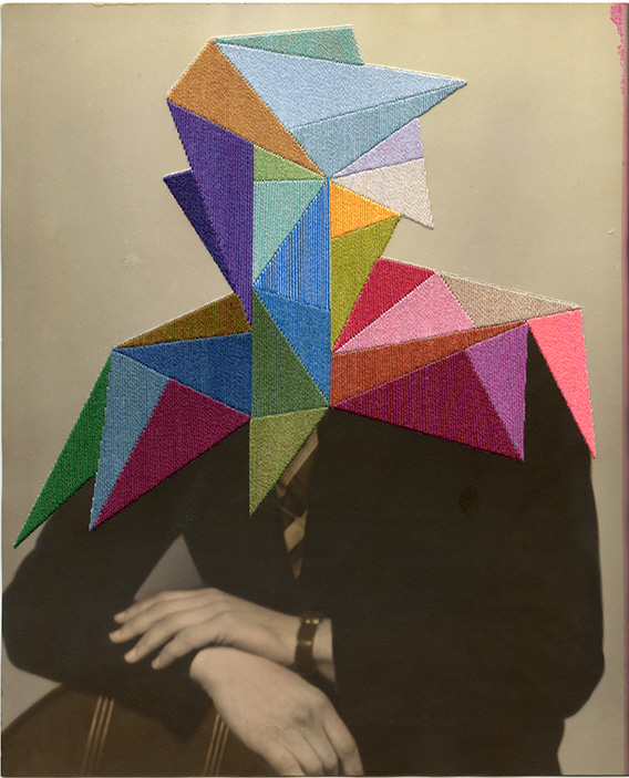 Julie Cockburn, Armour, 2019. Hand embroidery and ink on found photograph, 24.6 x 20.2 cm. © Julie Cockburn, Courtesy of Flowers Gallery.