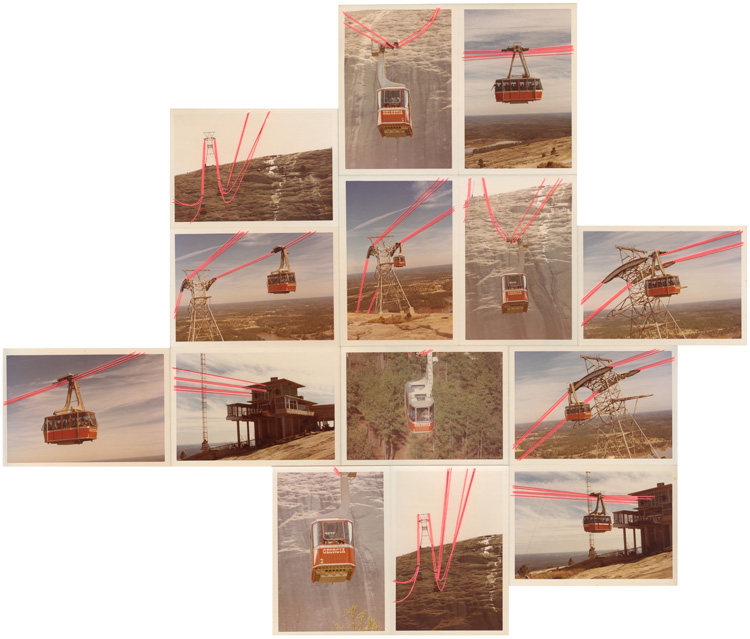 Julie Cockburn, Cable Car, 2019. Hand embroidery and ink on found collaged photographs, 55.6 x 46.7 cm. © Julie Cockburn, courtesy of Flowers Gallery.
