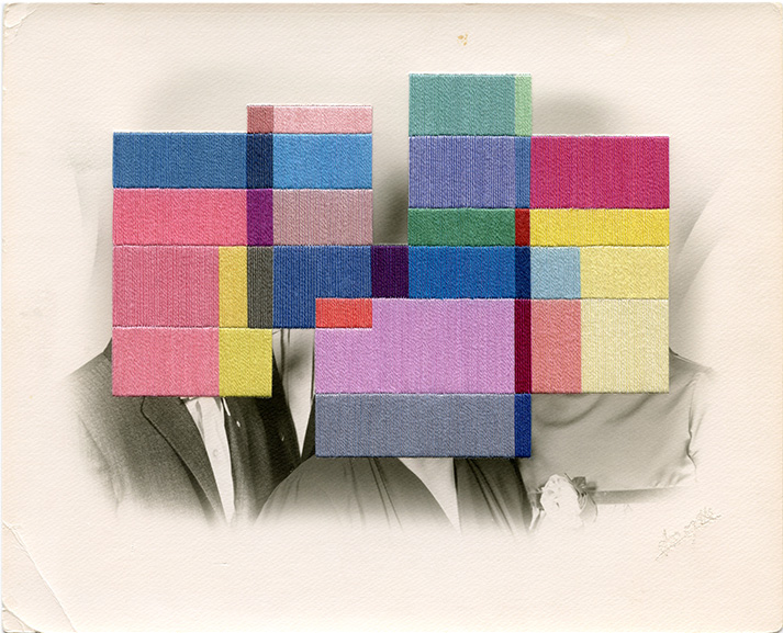 Julie Cockburn, Linchpin, 2019. Hand embroidery on found photograph, 20.4 x 25.3 cm. © Julie Cockburn, courtesy of Flowers Gallery.
