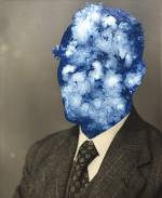 Julie Cockburn, Blue Face Man, 2019. Enamel on found photograph, 37 x 30.3 cm. © Julie Cockburn, courtesy of Flowers Gallery.