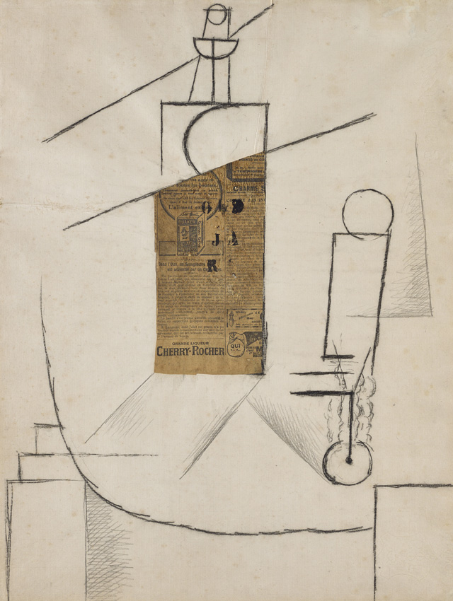 Pablo Picasso, Bouteille et Verre sur un Table (Bottle and Glass on a Table), 1912. Charcoal and collage on paper, 61.6 x 47 cm. National Galleries of Scotland, Purchased (Henry and Sula Walton fund) 2015.