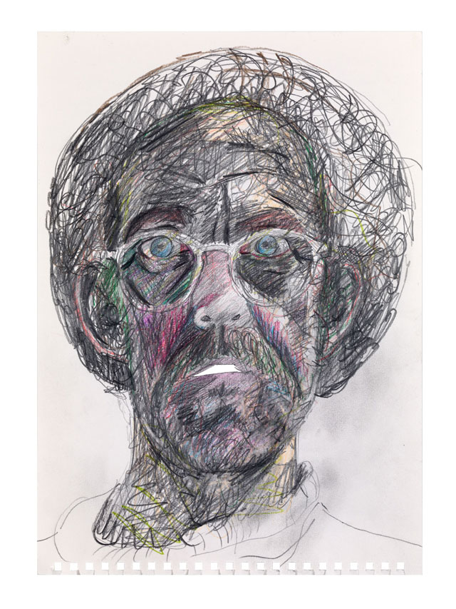 Martin Creed. Work No. 2965, Self portrait in a hair net with mouth open, 2014-18. Graphite and coloured pencil on paper, 29.7 x 21 cm (11 3/4 x 8 1/4 in). © Martin Creed. All Rights Reserved, DACS 2018. Courtesy the artist and Hauser & Wirth.