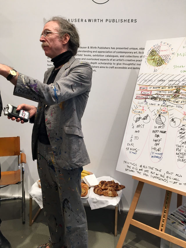 Martin Creed with sound recorder and choreography instructions, Hauser & Wirth, London, 2018. Photo: Veronica Simpson.