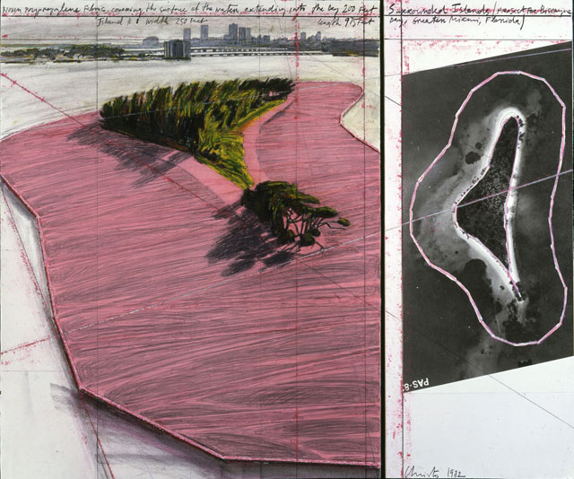 Surrounded Islands (Project for Biscayne Bay, Greater Miami, Florida), 1982. Collage in two parts, pencil, fabric, pastel, charcoal, wax crayon, aerial photograph, and enamel paint. © Christo 1983.