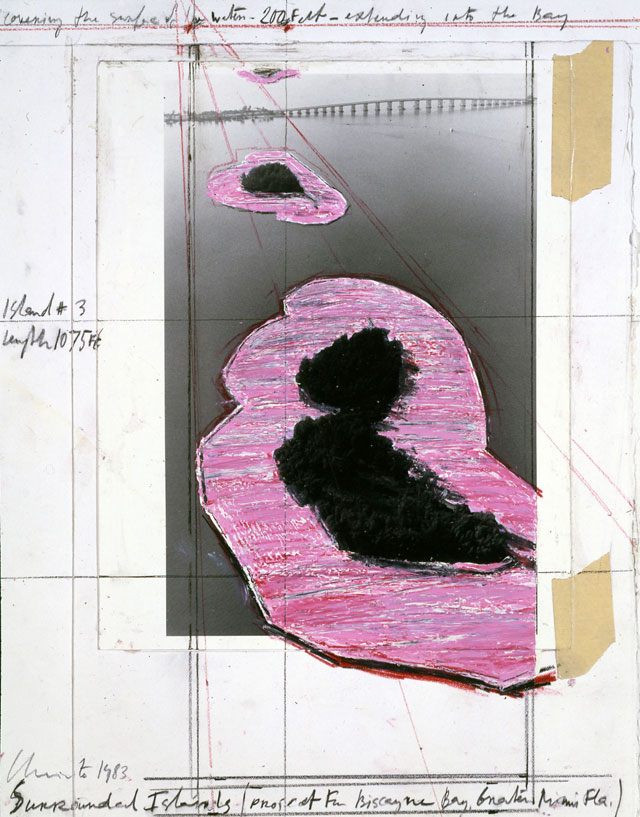 Surrounded Islands (Project for Biscayne Bay, Greater Miami, Florida), 1983. Collage, pencil, photograph by Wolfgang Volz, enamel paint, wax crayon, charcoal and tape. © Christo 1983.