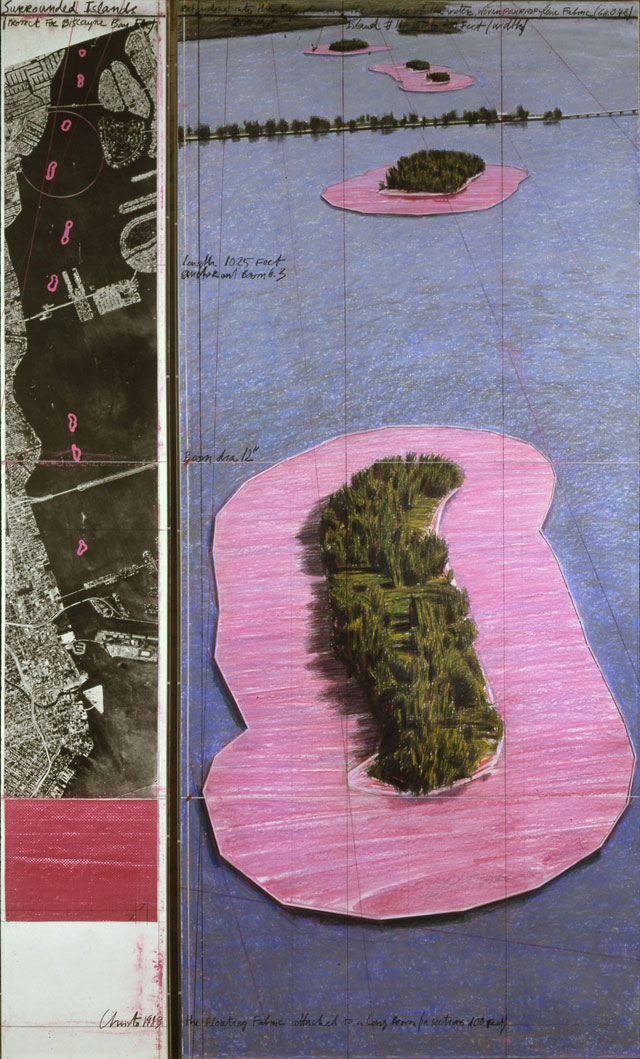 Surrounded Islands (Project for Biscayne Bay, Greater Miami, Florida), 1983. Drawing in two parts, pencil, pastel, charcoal, wax crayon, enamel paint, aerial photographs and fabric sample. © Christo 1983.