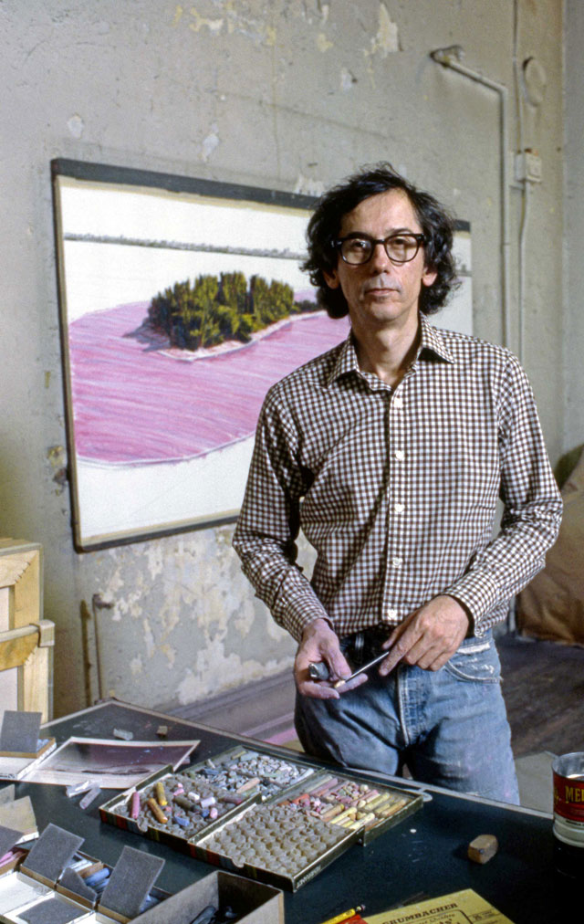 Christo in his studio working on a preparatory drawing for Surrounded Islands. New York, 1983. Photo: Wolfgang Volz.