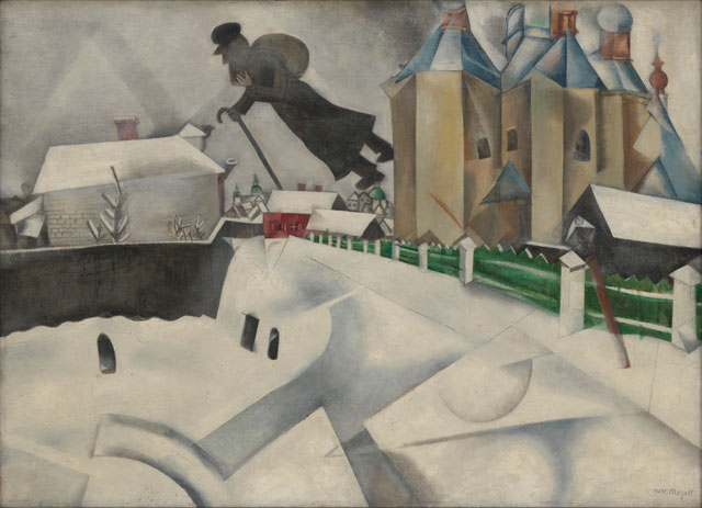 Marc Chagall. Over Vitebsk, 1915-20, after a 1914 painting. Oil on canvas, 26 3/8 x 36 ½ in (67 x 92.7 cm). Museum of Modern Art, New York.