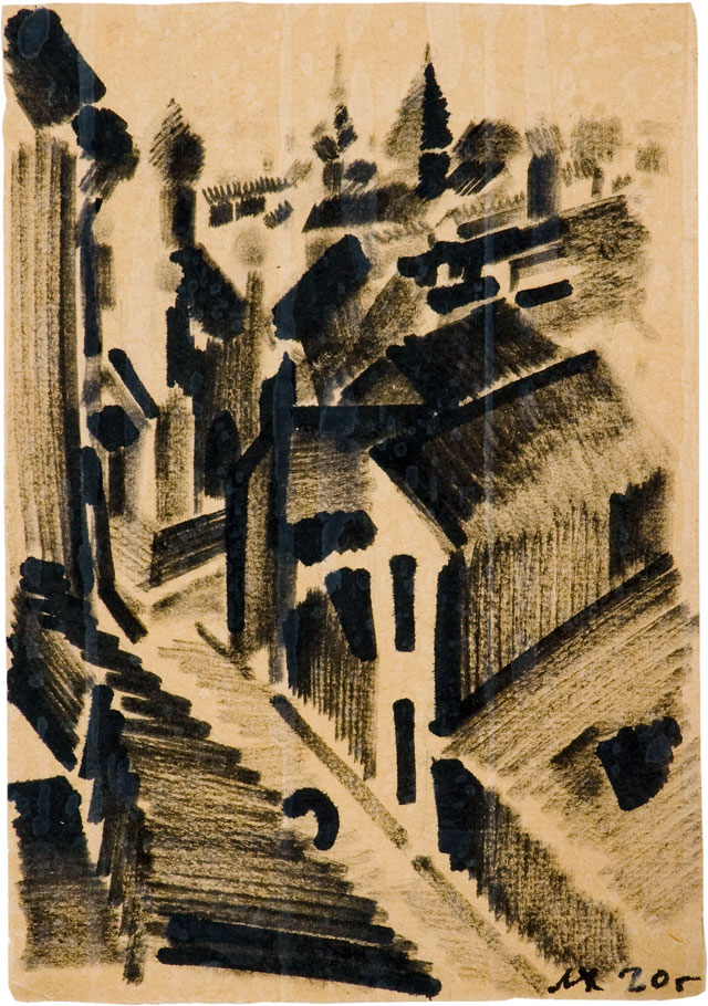 Lazar Khidekel. Vitebsk Street, 1920. Dry brush on cardboard, 21.8 x 15.1 cm. Lazar Khidekel Family Archives and Art Collection.